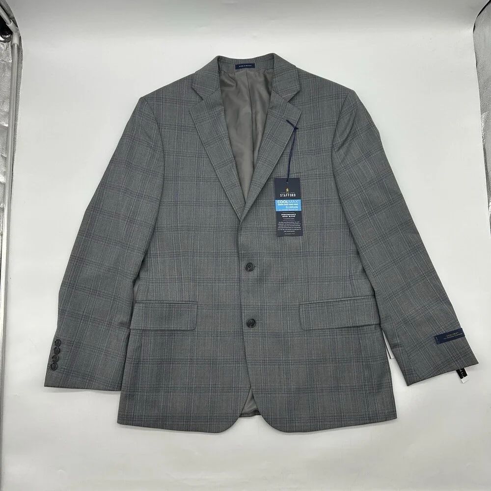 Stafford Cool Max Classic Fit Size 40R Gray Navy Plaid 2-Button Suit Jacket NWT